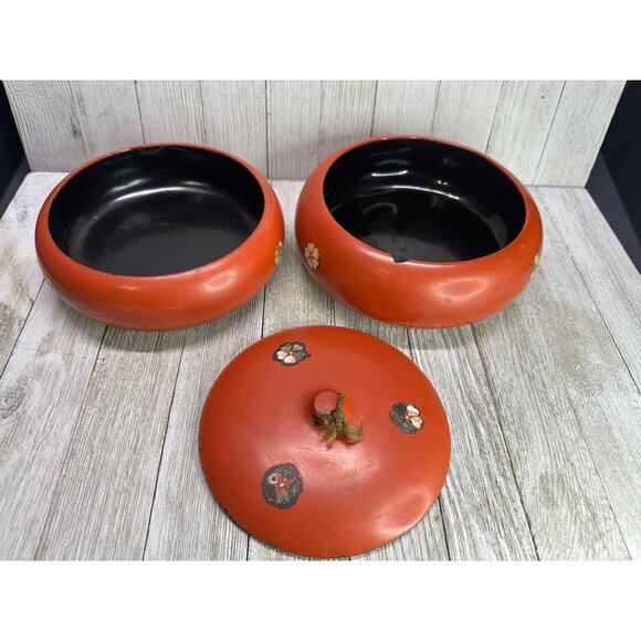 Vtg Japanese Lacquerware Food Storage Container Stacked with Lid 5.5" Tall Rare - Picture 6 of 16